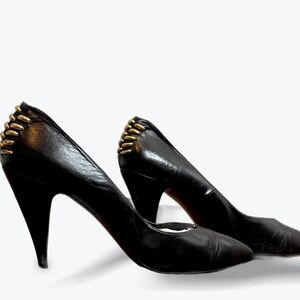 Rosina Ferragamo Schiavone Leather Heels BLK Gold Studded Pointed Toe Retro Glam
